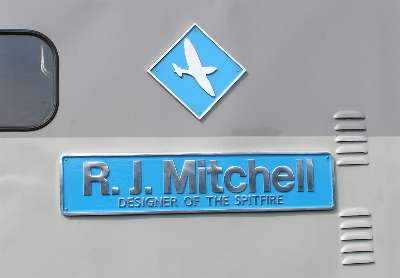 The RJ Mitchell nameplate and miniature Eastleigh Depot plaque.